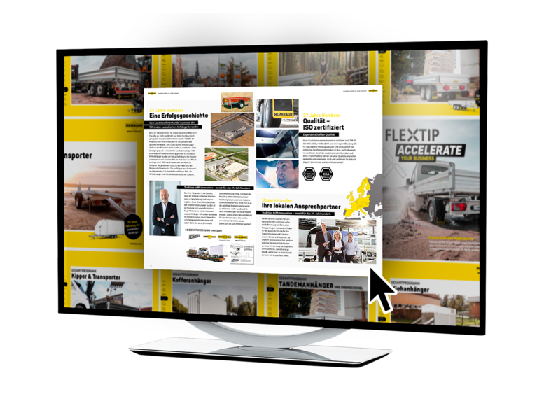 Bildschirm, auf dem digitale Prospekte von Humbaur angezeigt werden | © Humbaur GmbH