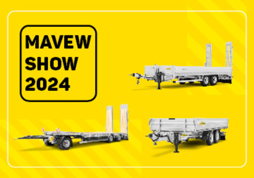 Drei Humbaur Schwerlastanhänger auf gelbem Hintergrund als Ankündigung zur Mawev Show 2024 | © Humbaur GmbH
