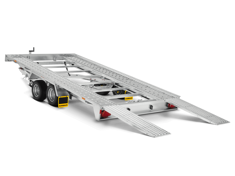 FTK 204020, Ein Tandem Fahrzeugtransporter in der Basisausstattung, Hinten Links abgekippt | © Humbaur GmbH