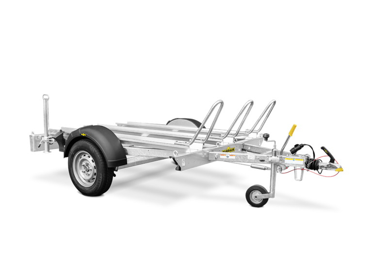 Humbaur HM, Ein Motorradtransporter für bis zu 3 Mottorräder, Vorne Rechts mit einer Schiebestütze | © Humbaur GmbH