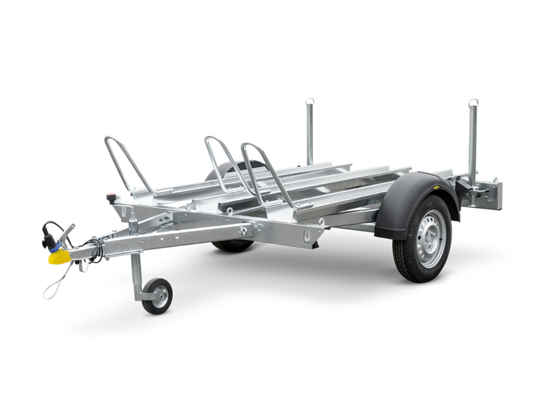 Humbaur HM, Ein Motorradtransporter für bis zu 3 Mottorräder, Vorne links mit zwei Schiebestützen | © Humbaur GmbH